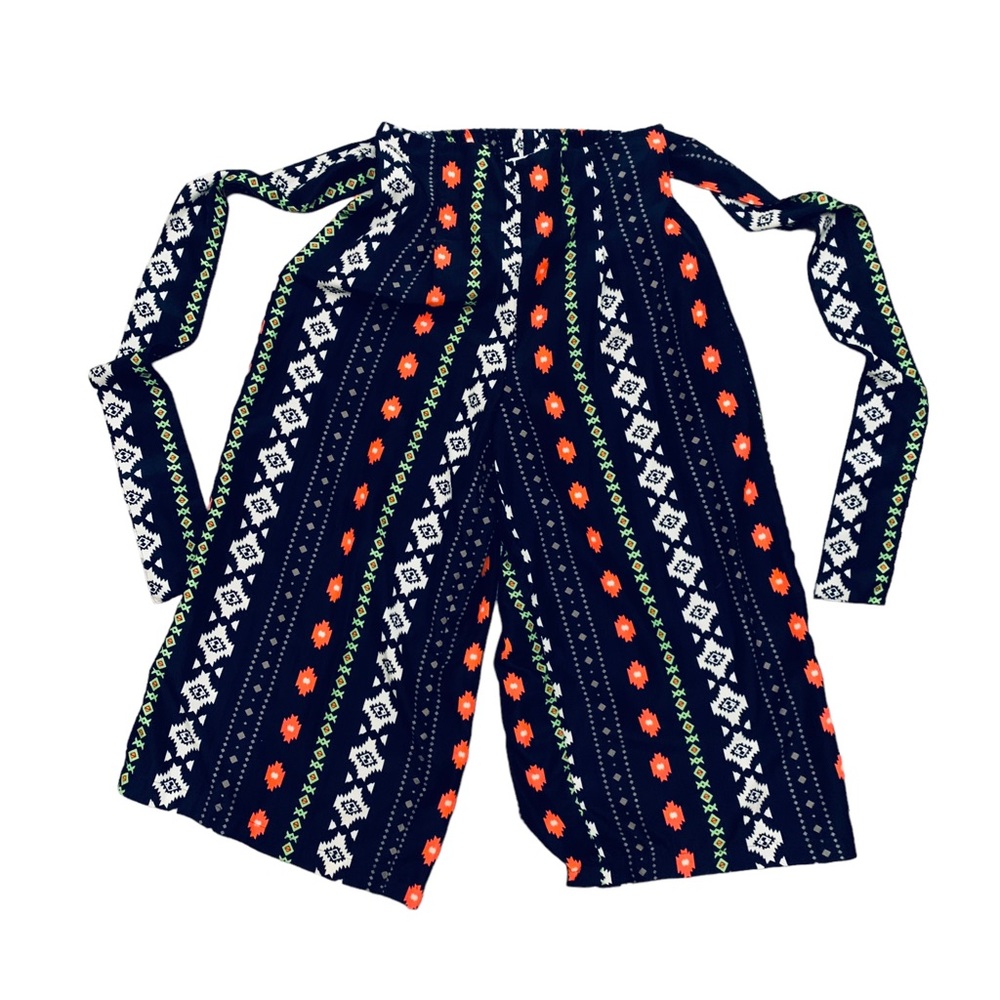 Boho hippie navy blue geometric wide leg culottes size small elastic & tie up